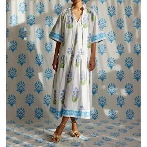 SZ BlockPrints Yuva Poppy Print Warm Grass China Blue 100% Indian Cotton Dress M